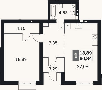 Планировка: 2-к, 60,8 м²