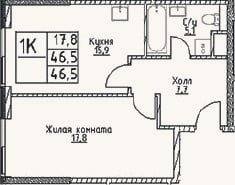 Планировка: 1-к, 46,5 м²