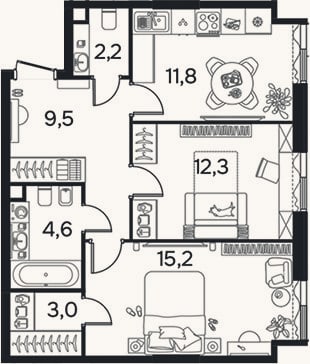 Планировка: 2-к, 58,6 м²