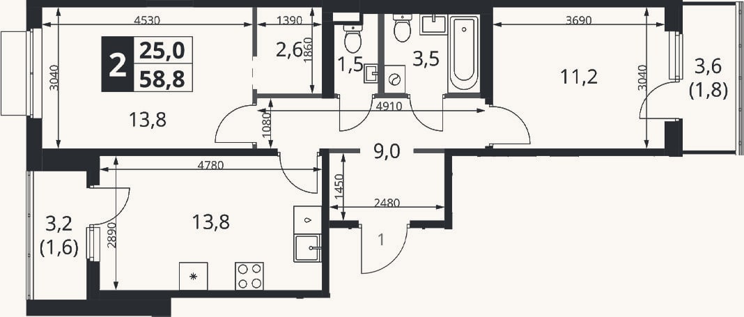 Планировка: 2-к, 55,4 м²