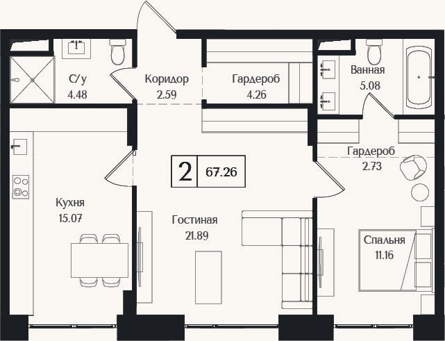 Планировка: 2-к, 67,3 м²