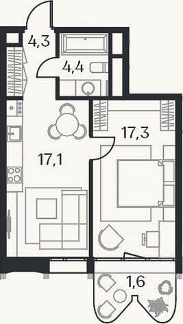 Планировка: 2-к, 43,1 м²