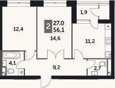 Планировка: 2-к, 55,3 м²