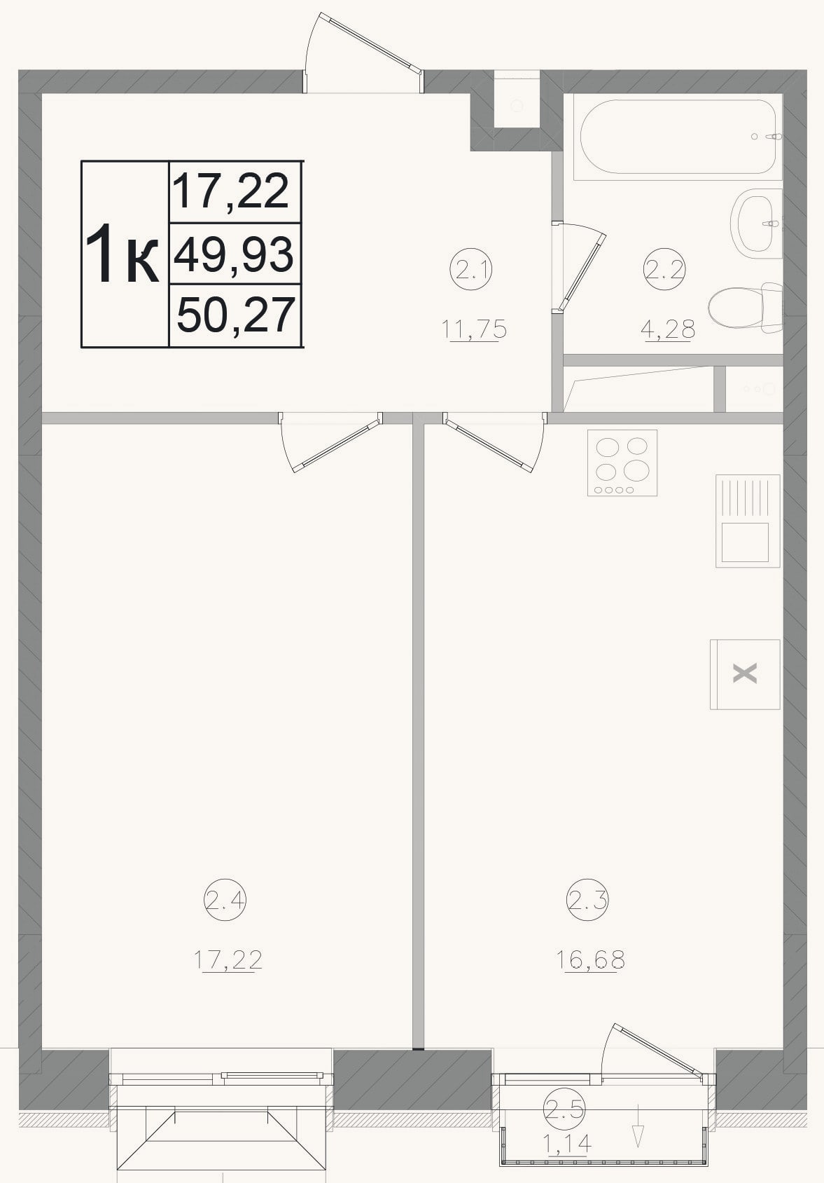 Планировка: 1-к, 49,9 м²