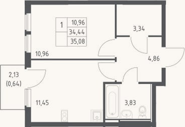 Планировка: 1-к, 34,4 м²