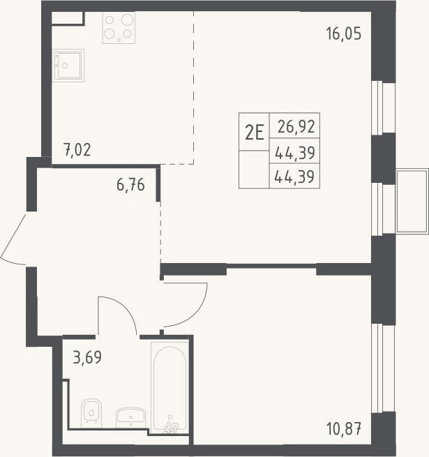 Планировка: 2-к, 44,4 м²