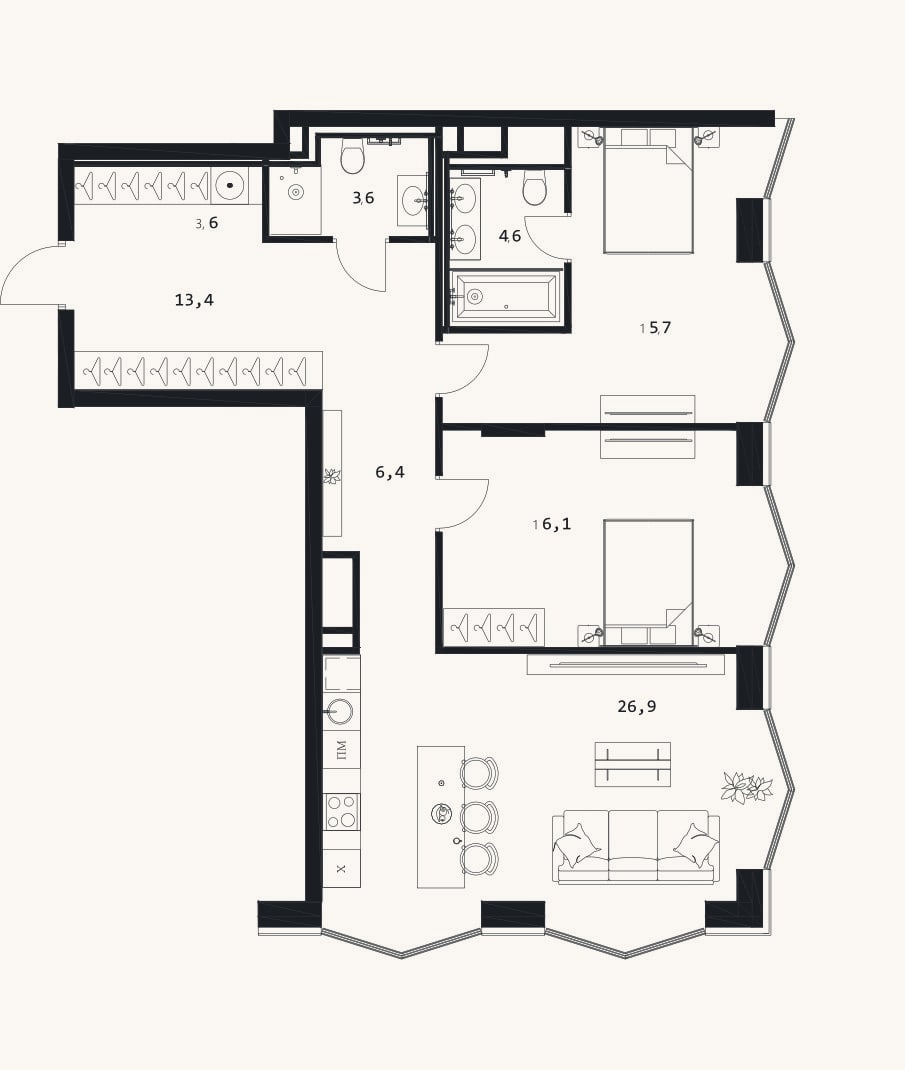 Планировка: 3-к, 90,3 м²