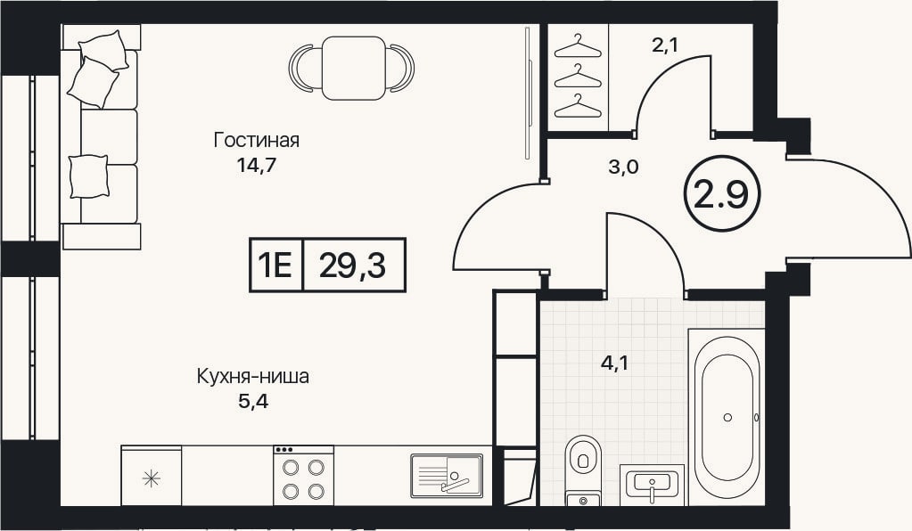 Планировка: Студия, 29,3 м²