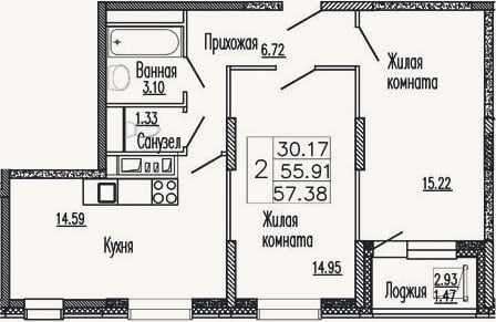 Планировка: 2-к, 55,9 м²
