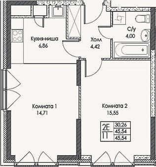 Планировка: 2-к, 45,5 м²