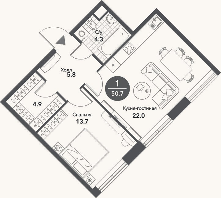 Планировка: 2-к, 50,7 м²