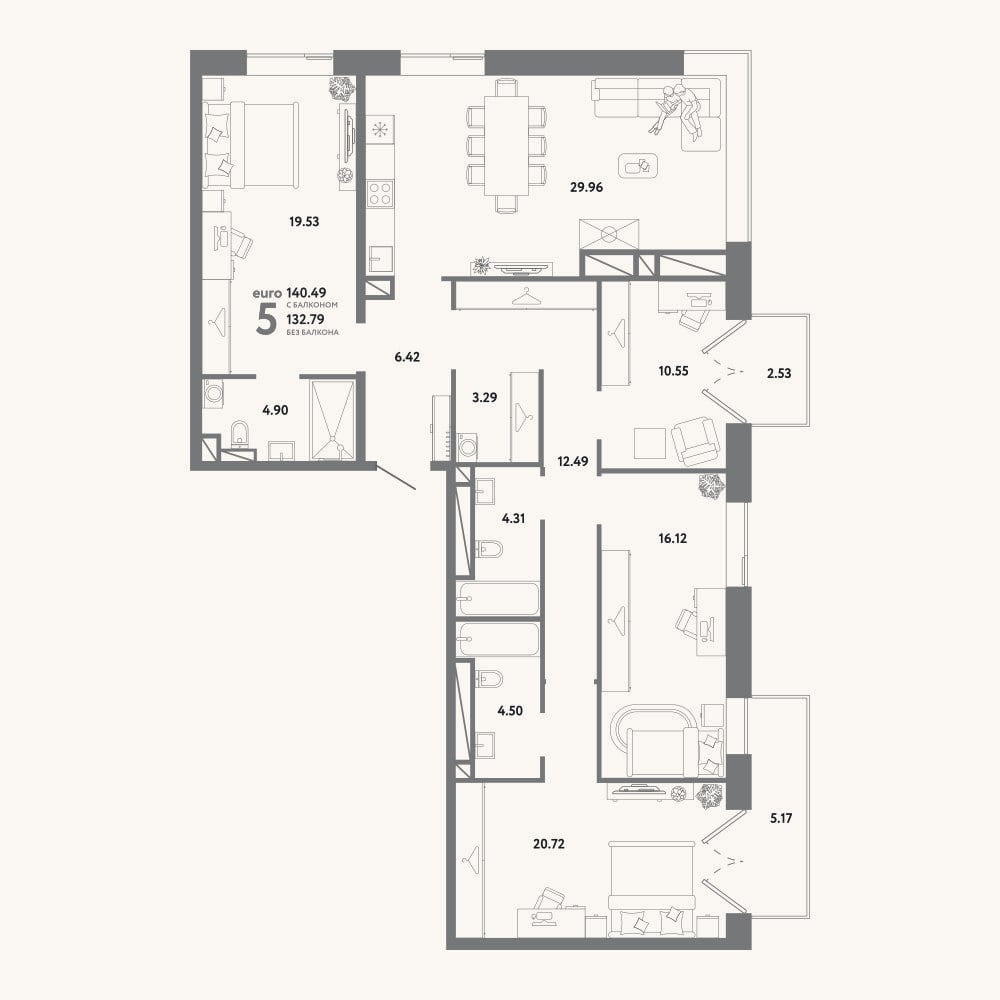 Планировка: 4+ к, 132,8 м²