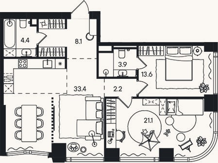 Планировка: 3-к, 86,7 м²