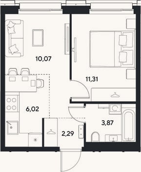 Планировка: 2-к, 33,6 м²