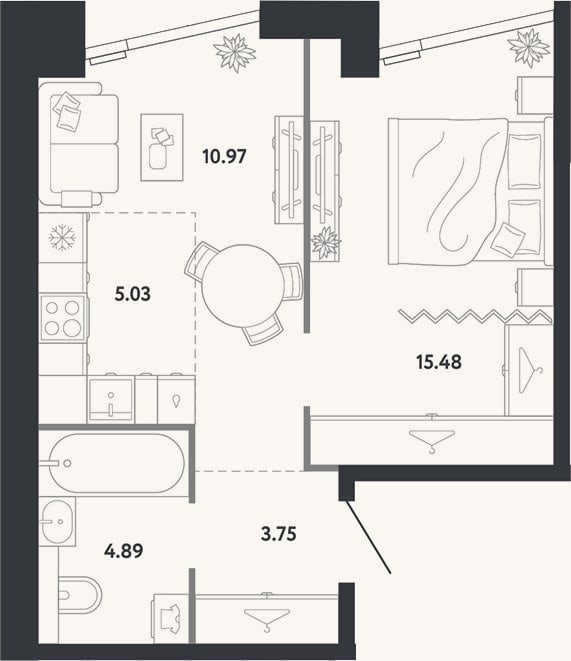 Планировка: 1-к, 40,1 м²