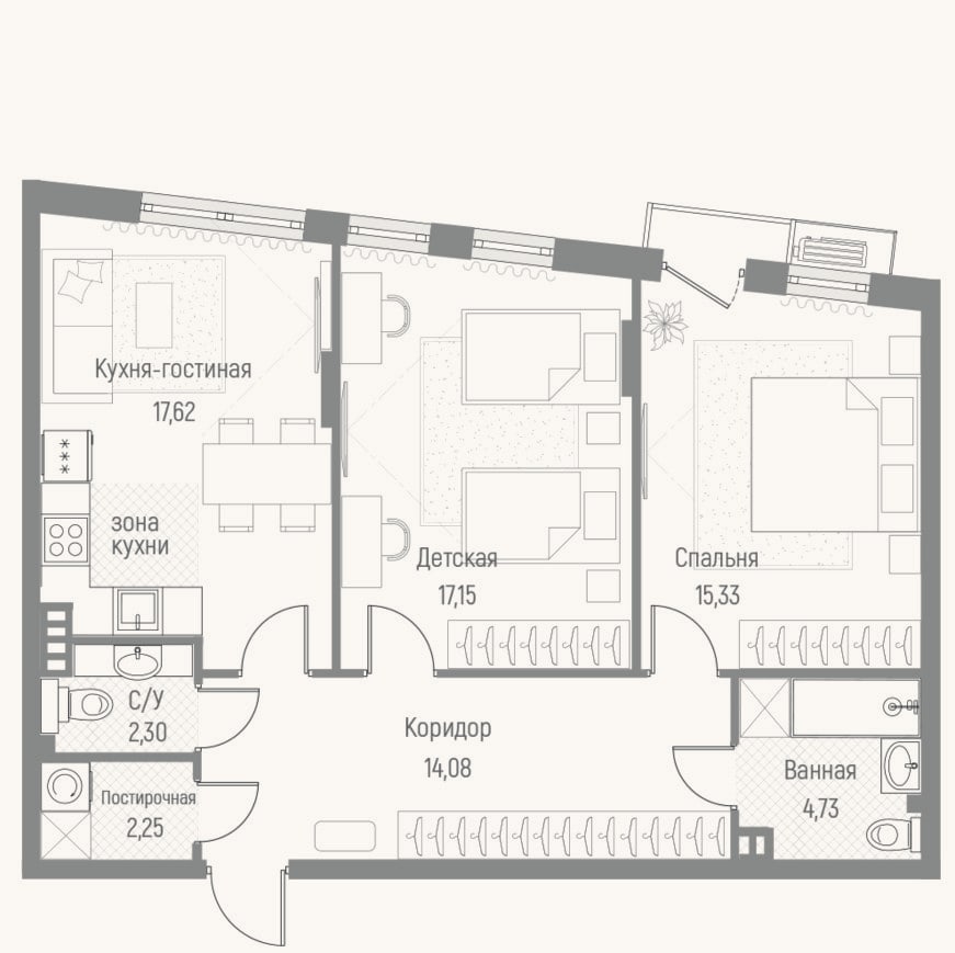 Планировка: 2-к, 73,5 м²