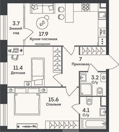 Планировка: 3-к, 59,2 м²