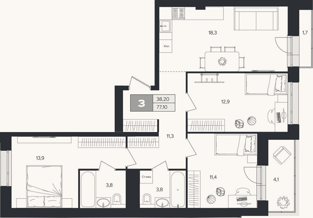 Планировка: 3-к, 74,5 м²