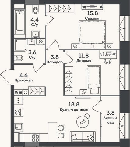 Планировка: 3-к, 62,8 м²