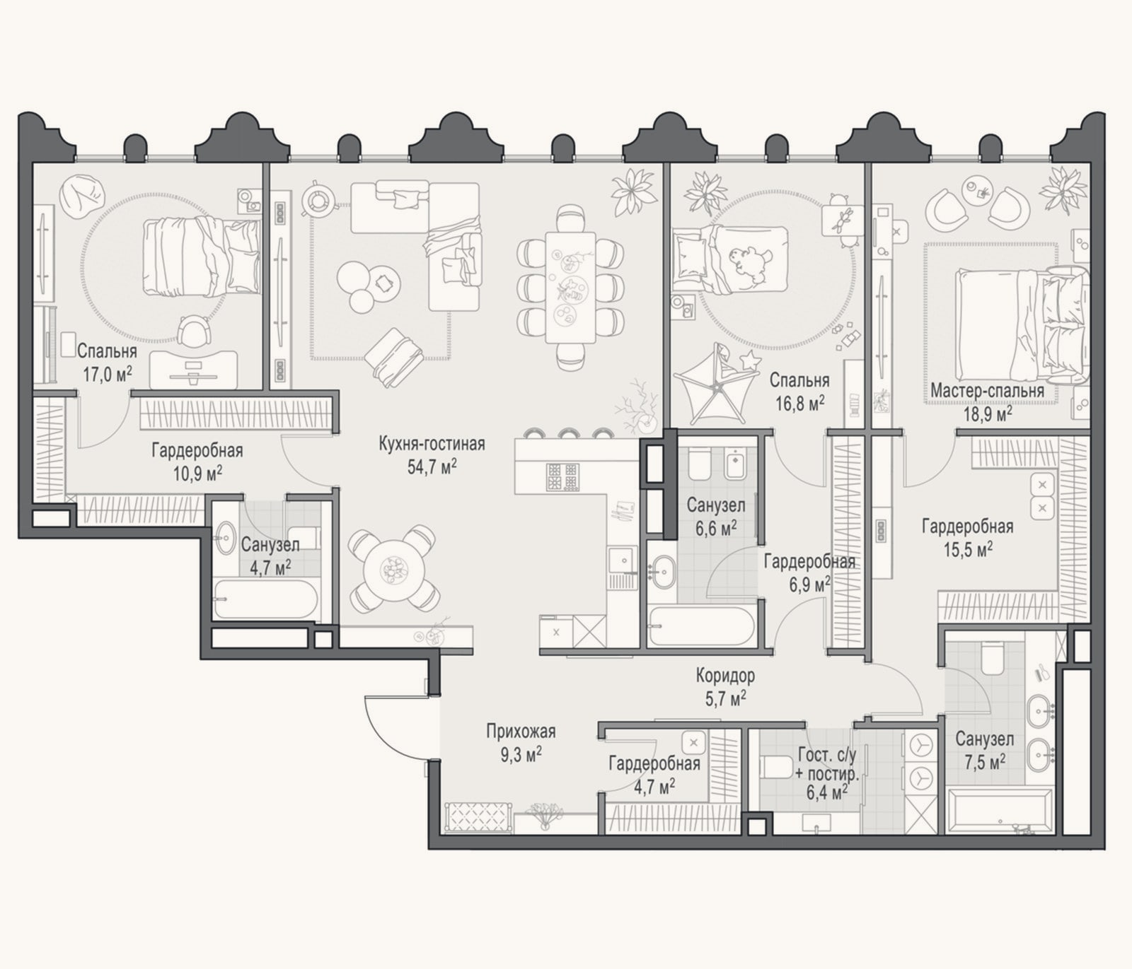 Планировка: 4+ к, 187,4 м²