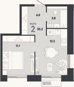 Планировка: 2-к, 33,2 м²