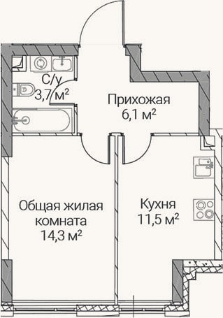 Планировка: 1-к, 35,6 м²