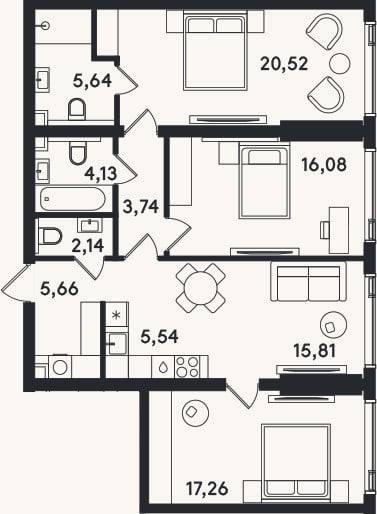 Планировка: 4+ к, 96,5 м²