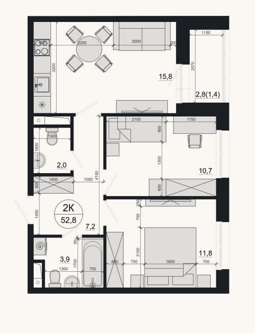 Планировка: 2-к, 51,4 м²