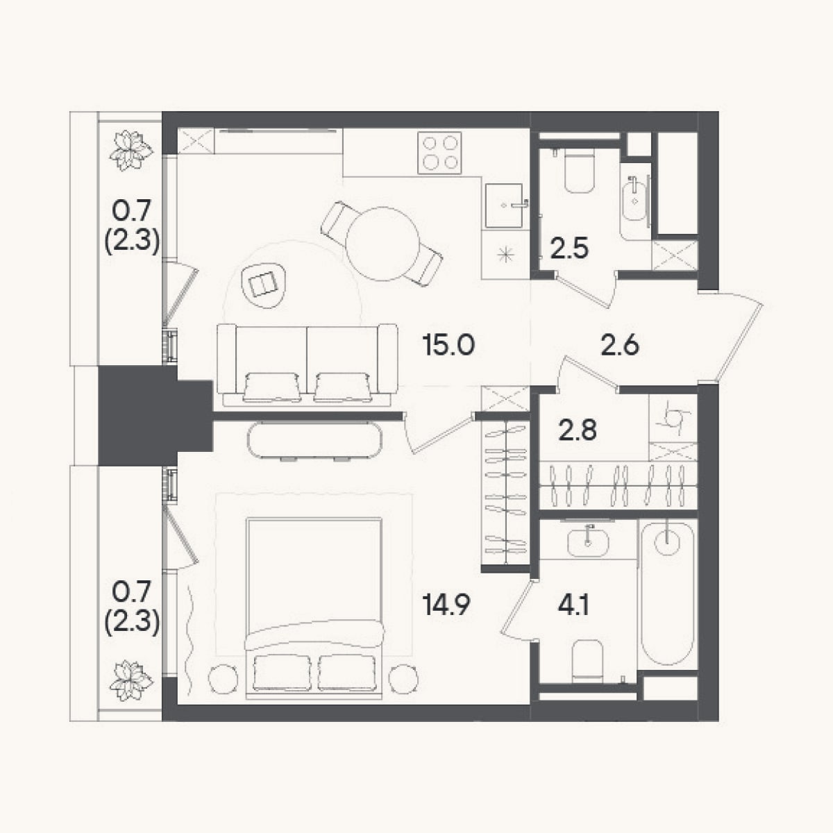 Планировка: 2-к, 41,9 м²