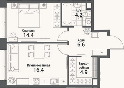 Планировка: 2-к, 46,5 м²