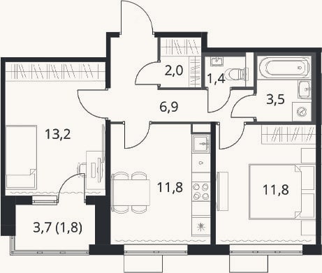 Планировка: 2-к, 50,6 м²