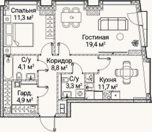 Планировка: 2-к, 63,5 м²