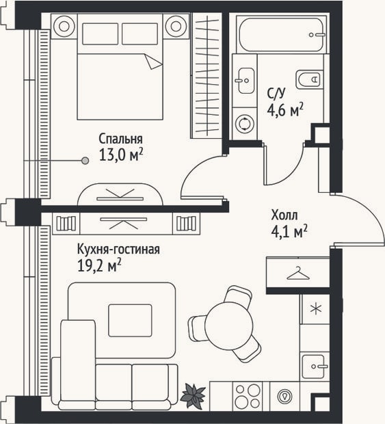 Планировка: 2-к, 40,9 м²