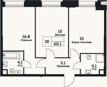 Планировка: 3-к, 60,1 м²