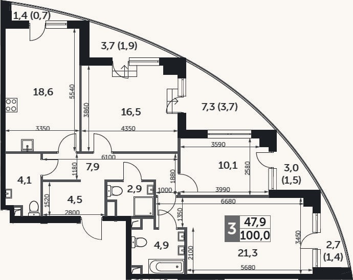 Планировка: 3-к, 90,8 м²