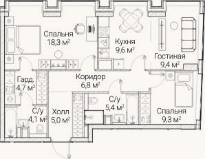 Планировка: 3-к, 73,2 м²