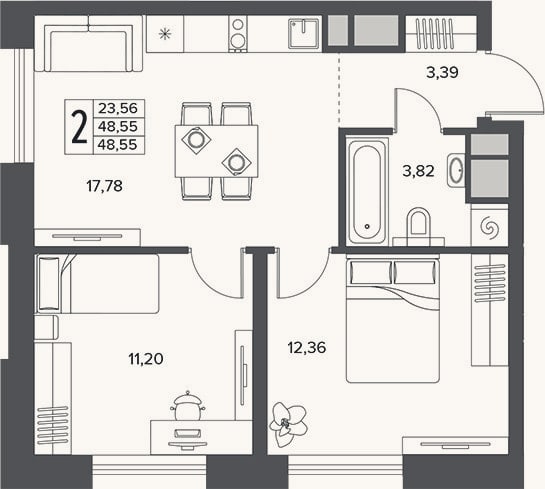 Планировка: 3-к, 48,6 м²