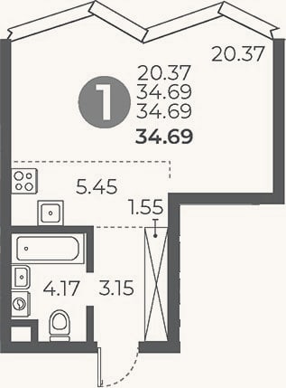 Планировка: Студия, 34,7 м²