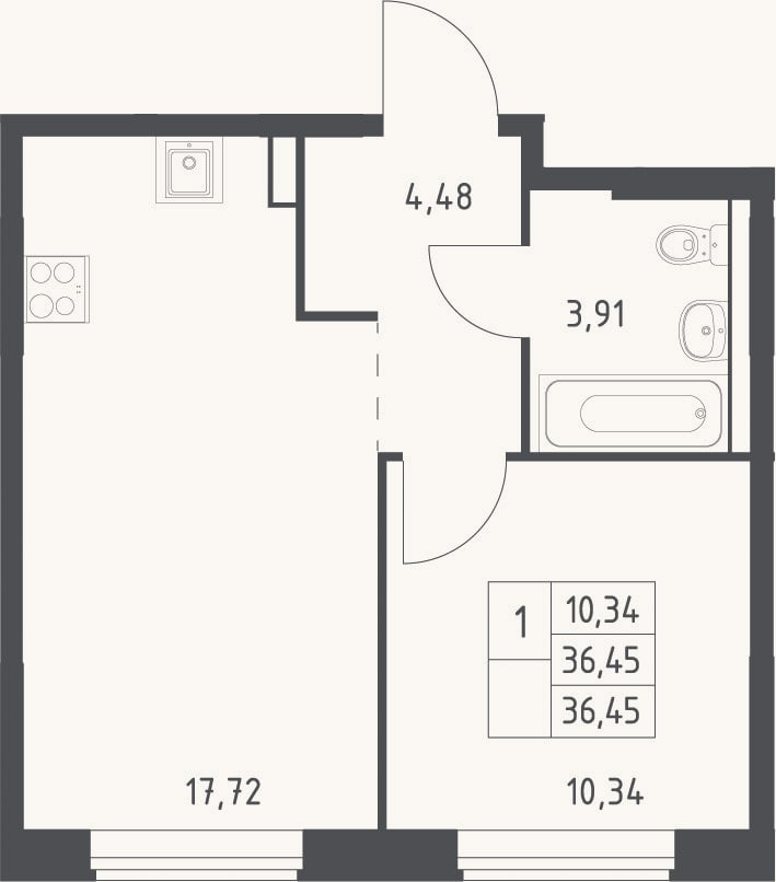 Планировка: 2-к, 36,5 м²