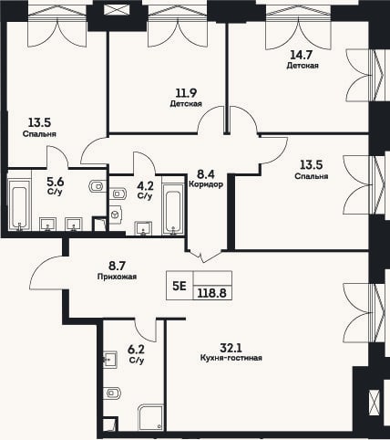 Планировка: 4+ к, 118,8 м²