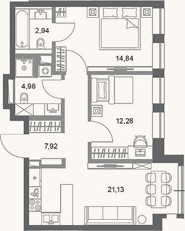 Планировка: 2-к, 64,1 м²