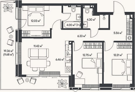 Планировка: 4+ к, 75,1 м²