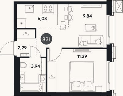 Планировка: 2-к, 33,5 м²
