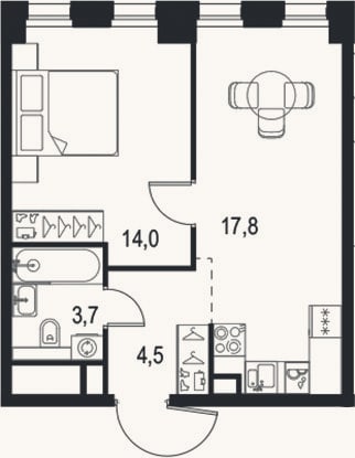 Планировка: 2-к, 40 м²