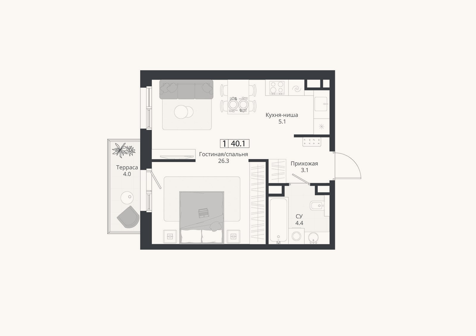 Планировка: Студия, 38,9 м²
