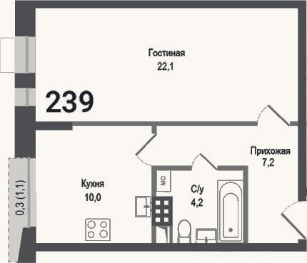 Планировка: 1-к, 43,5 м²