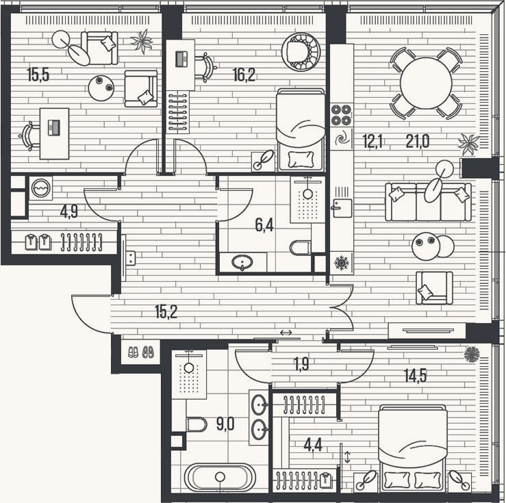 Планировка: 4+ к, 121,1 м²