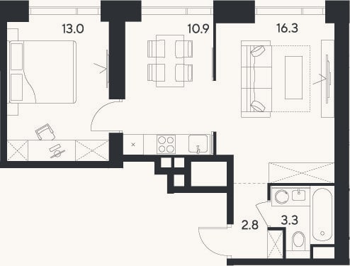 Планировка: 2-к, 46,3 м²