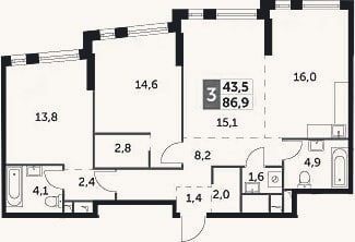 Планировка: 3-к, 86,9 м²