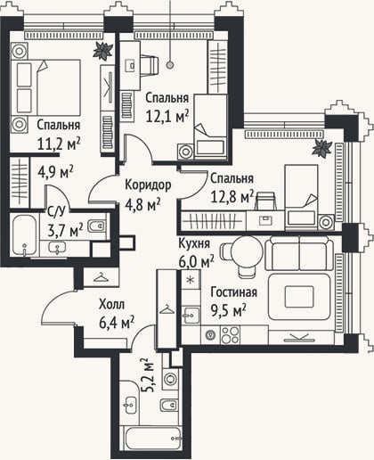 Планировка: 4+ к, 76,6 м²